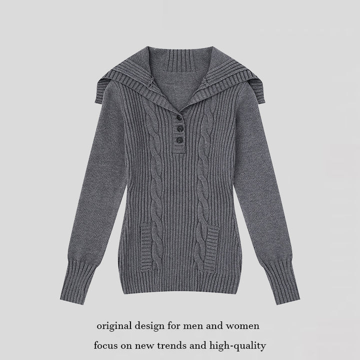 Women's knit sweater with cable pattern, shawl collar and button placket Mune Fashion