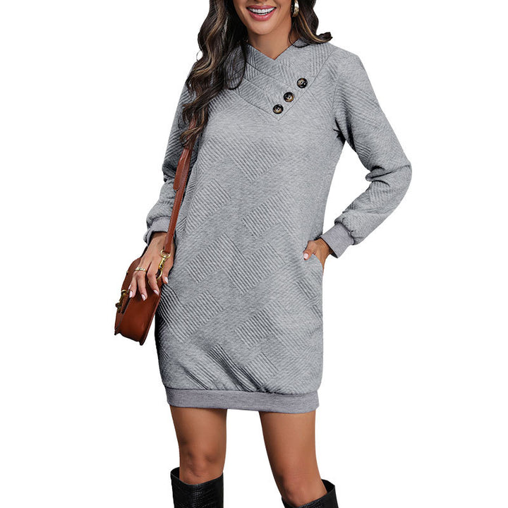 Women's Structured Sweat Dress with Asymmetrical V-Neck and Decorative Buttons Mune Fashion
