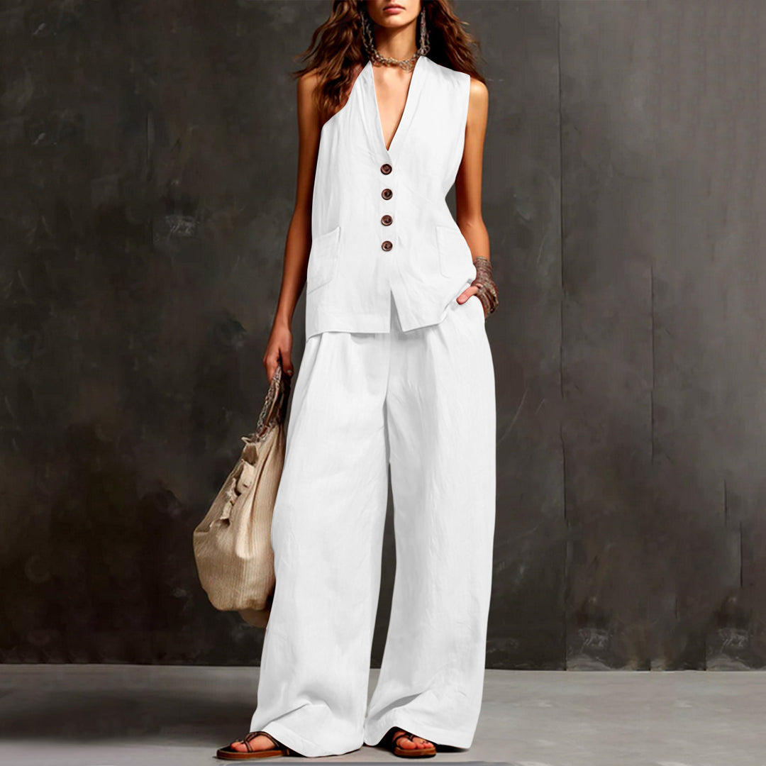 Women's Sleeveless Longline Waistcoat and Palazzo Pants Set in Linen Look Mune Fashion