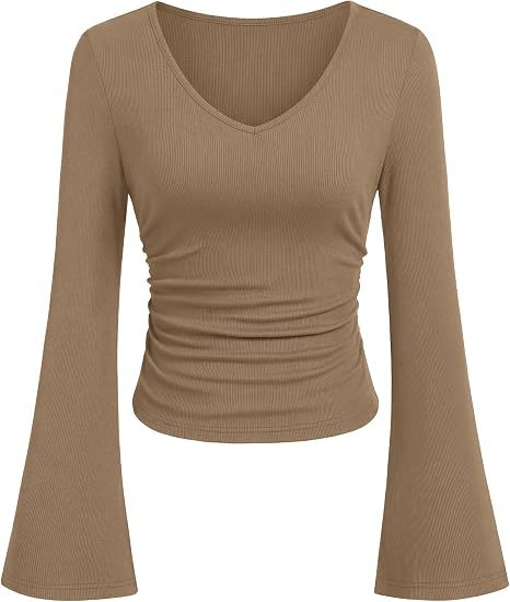 Women's Ribbed Crop Top with V-Neck, Tailored Gathering and Flared Trumpet Sleeves Mune Fashion