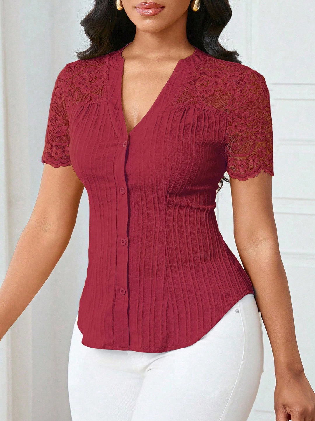 Women's Fitted Short Sleeve Blouse with Lace Sleeves and Button Placket Mune Fashion