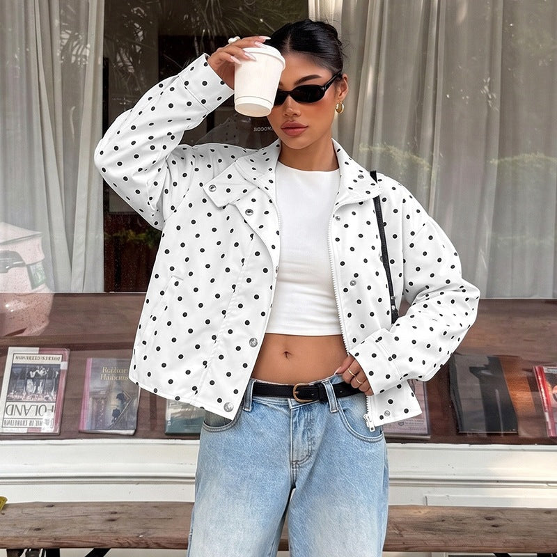 Women's short cut polka dot transitional jacket with stand-up collar and snap button closure Mune Fashion