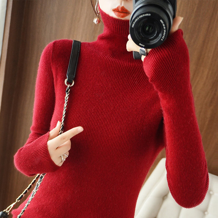 Women's Slim Roll Neck Sweater made of Cashmere Mix with Extra Long Sleeve Cuffs Mune Fashion