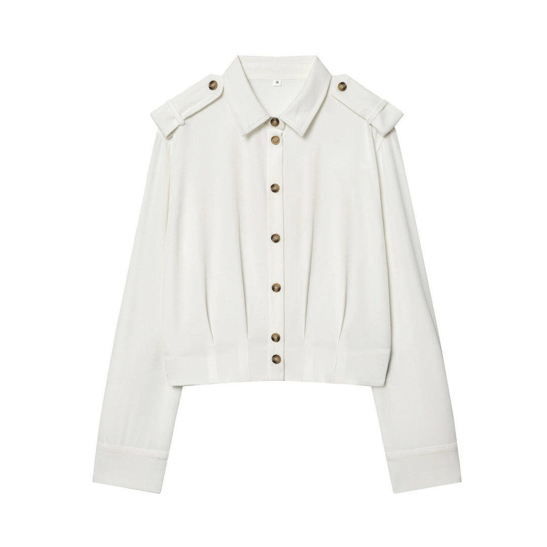 Women tailored cropped button-up blouse with epaulets and decorative button placket Mune Fashion