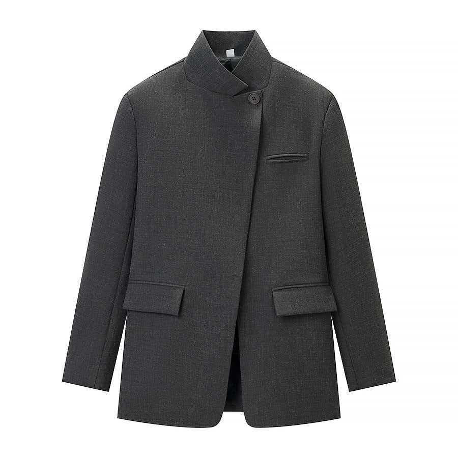 Women's tailored check blazer coat with stand-up collar, asymmetrical button placket and flap pockets Mune Fashion