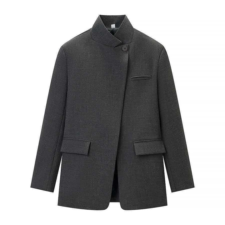 Women's tailored check blazer coat with stand-up collar, asymmetrical button placket and flap pockets Mune Fashion