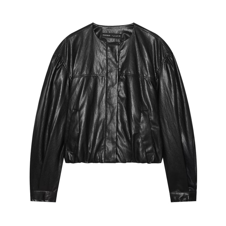 Women's short blouson in leather look with round neck, concealed snap button placket and balloon sleeves Mune Fashion