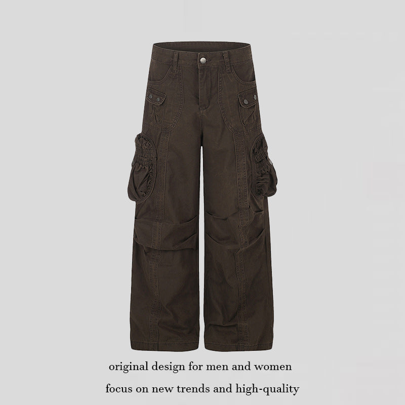 Women's wide utility cargo pants with gathered side pockets and decorative seams Mune Fashion