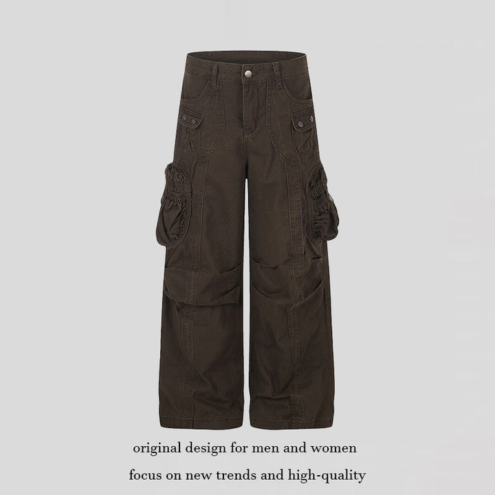 Women's wide utility cargo pants with gathered side pockets and decorative seams Mune Fashion