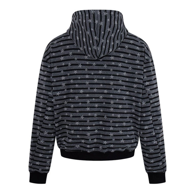 Women Casual Hooded Zip Jacket in Striped Jacquard with Star Structure Mune Fashion