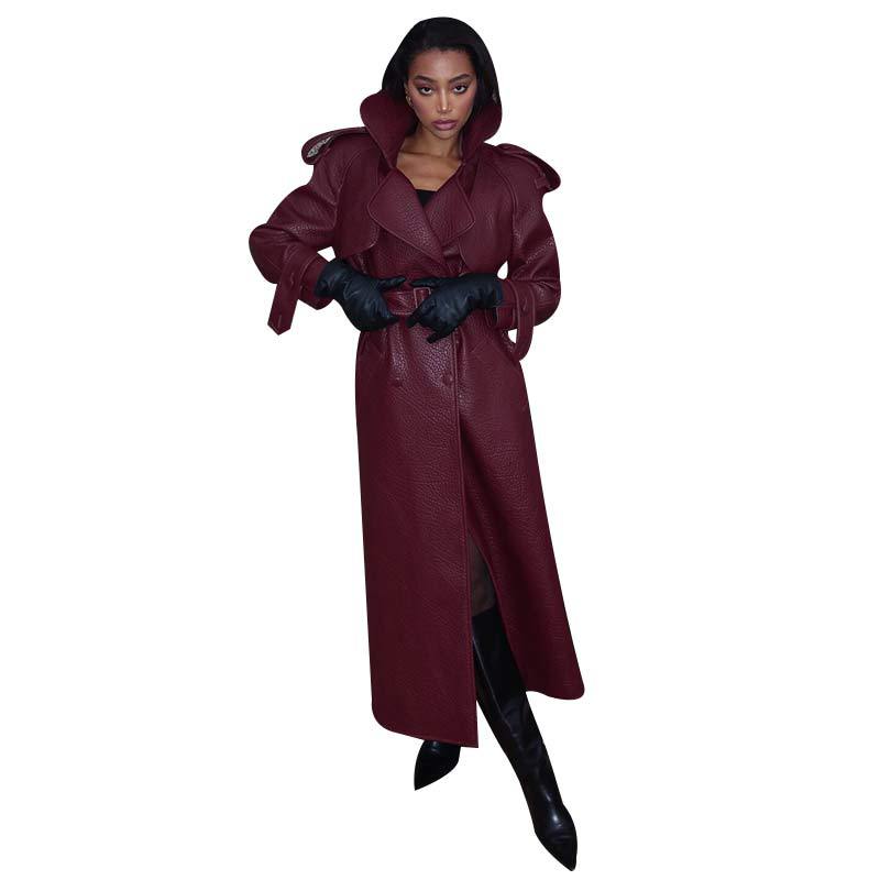 Women's Faux Leather Trench Coat with Top and Waist Belt Mune