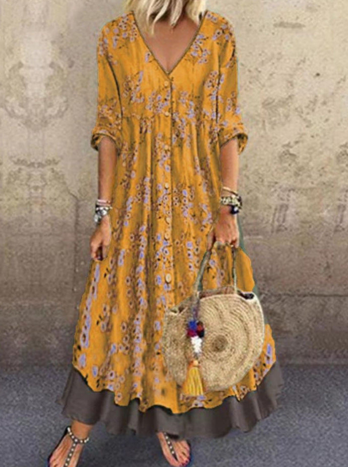 Women’s maxi dress in boho style with V-neck, continuous button placket and tiered skirt Mune Fashion