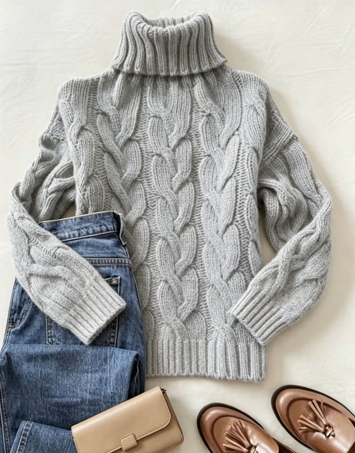 Women's chunky knit turtleneck sweater with distinctive cable patterns and ribbed cuffs Mune Fashion