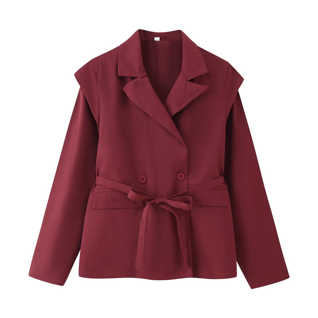 Women Tailored Belted Blazer with Double Button Placket and Notched Lapel Mune Fashion