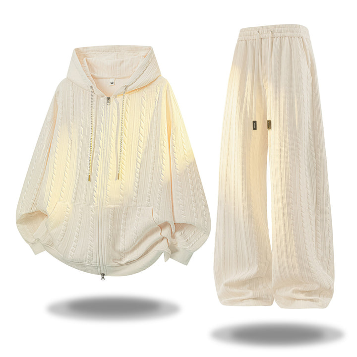 Women Crocheted Cable Knit Lounge Set with Hooded Zip Jacket & Palazzo Pants Mune Fashion
