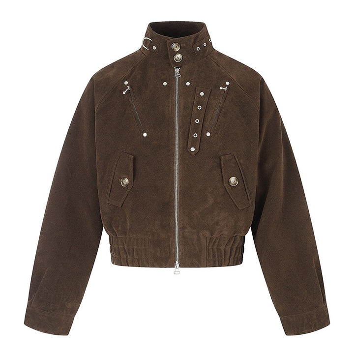 Women's short suede bomber jacket with high stand-up collar and metallic details Mune Fashion