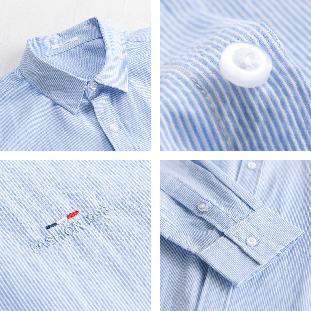 Men's Light Long Sleeve Shirt with Fine Pinstripes and Chest Embroidery Mune Fashion