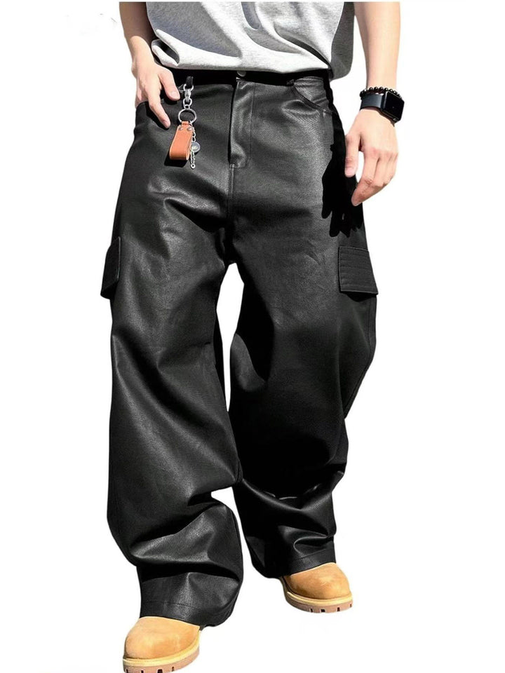 Men's Wide Cut Cargo Pants in Leather Look with Flap Pockets Mune Fashion