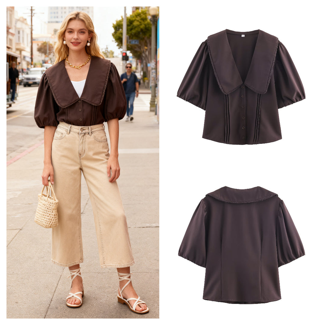 Ladies' blouse with oversized sailor collar, puff sleeves, and pleats Mune Fashion