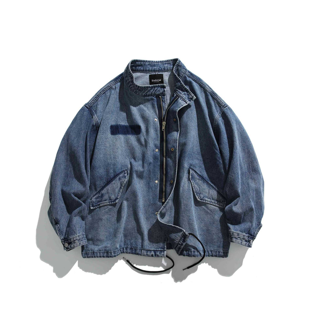 Unisex Short Cut Denim Utility Blouson with Stand Collar and Drawstring Mune Fashion