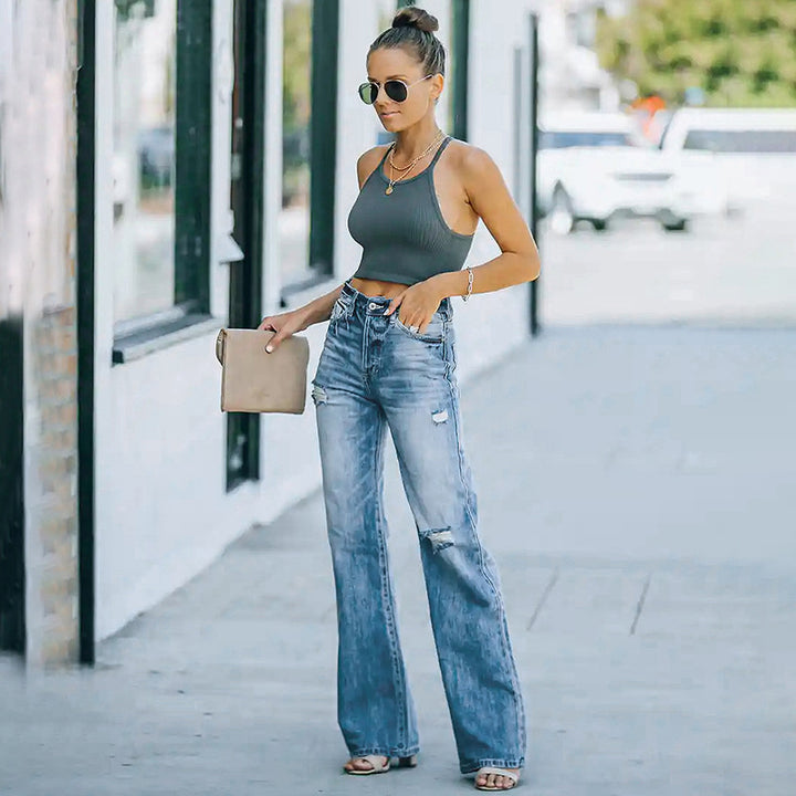 Women's High-Waisted Loose Straight-Leg Jeans with Destroyed Details Mune Fashion