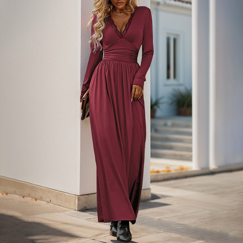 Women's Elegant Maxi Dress with V-Neck and High Slit Mune Fashion