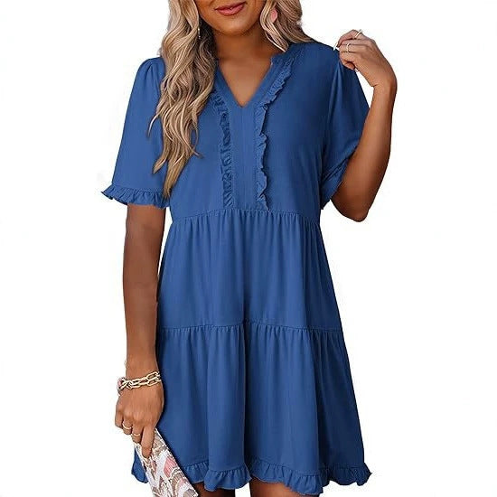 Women's lightweight swing dress with V-neck, tiered skirt and delicate ruffles Mune Fashion