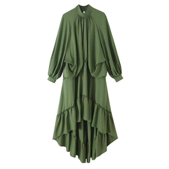 Women's Flowing Maxi Dress with Balloon Sleeves, Ruffle Details and Stand Collar Mune Fashion