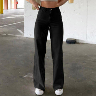Women high-waisted wide-leg pants made of cotton blend with elongated legs and five-pocket design Mune Fashion