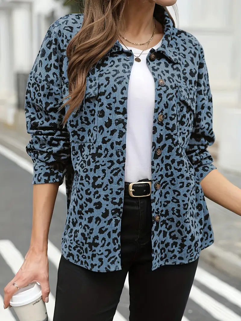 Women's Oversize Shirt Jacket in Cord Look with Leopard Print Mune Fashion
