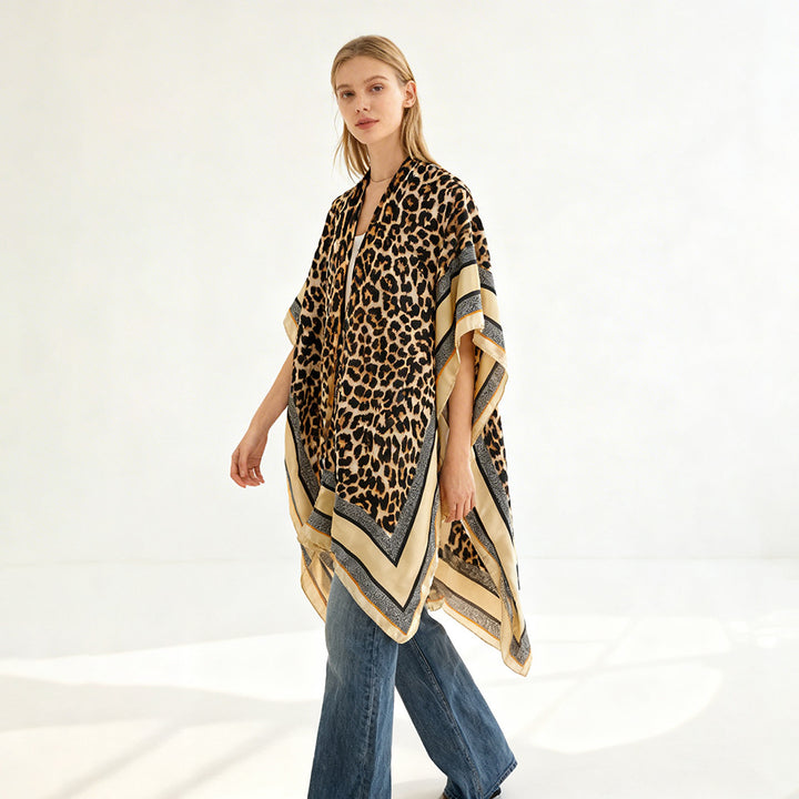 Women Oversized Kimono Wrap with Leopard Print and Wide Satin Border Mune Fashion