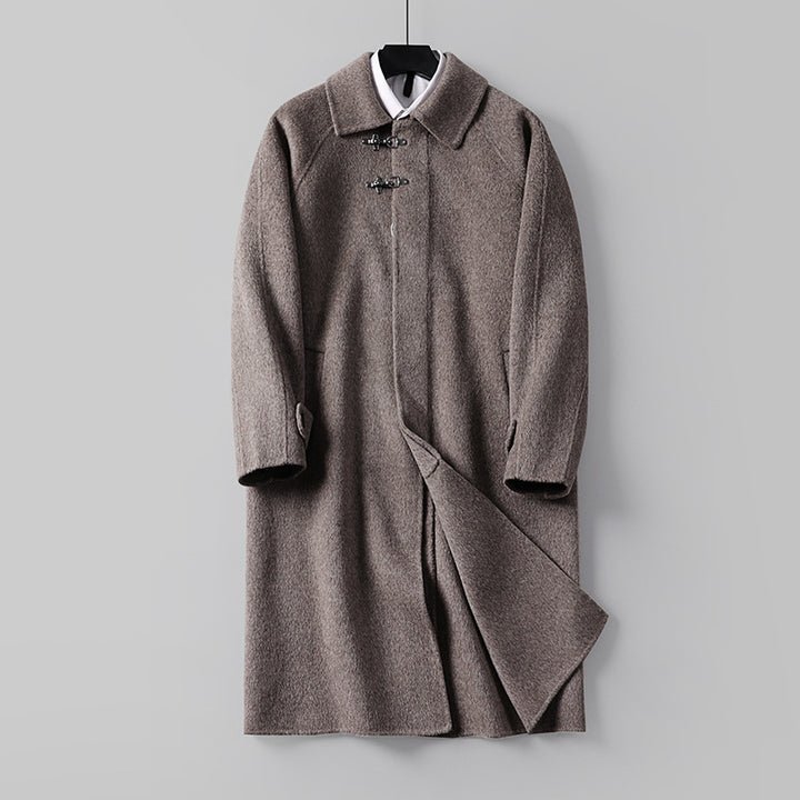 Men's Straight Wool Blend Long Coat with Concealed Front and Decorative Toggle Closures Mune Fashion