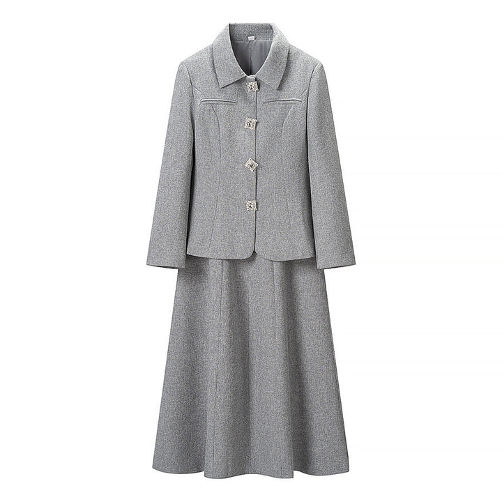 Women Elegant two-piece wool blend suit with tailored short blazer and flared midi skirt Mune Fashion