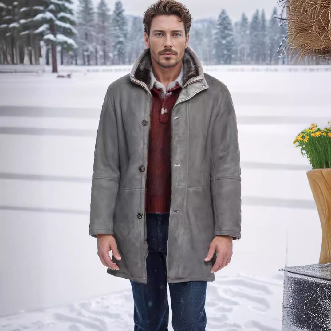 Men's Long Thermal Coat in Field Style with Faux Lambskin Inner Sides and Two-Way Zipper Mune Fashion