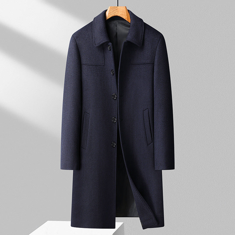 Men's Elegant Long Coat Made of Wool Blend with Classic Collar Mune Fashion