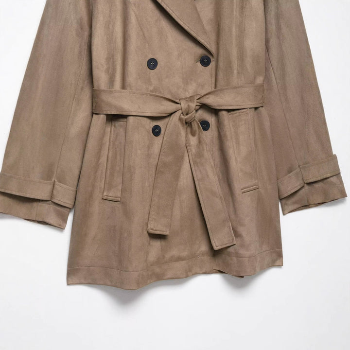 Women's Double Breasted Suede Effect Trench Coat with Waist Belt Mune Fashion