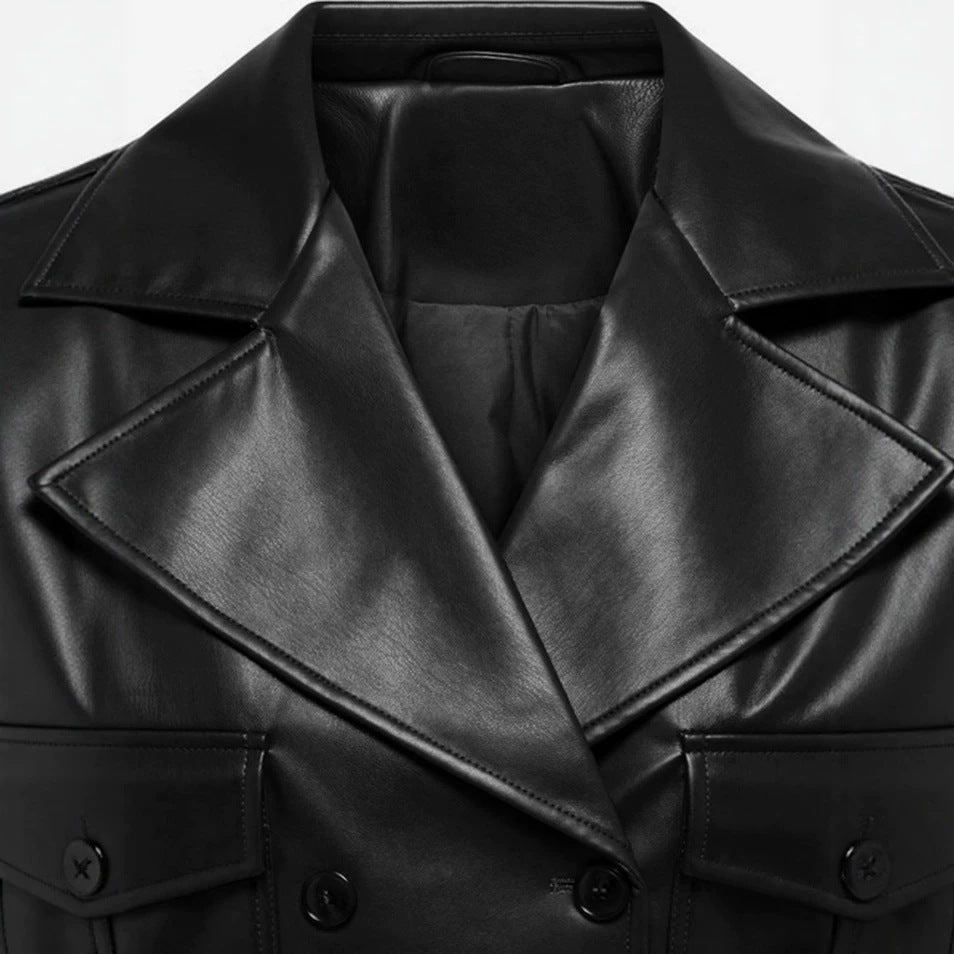 Women short cut double-breasted leather jacket with wide lapels Mune Fashion