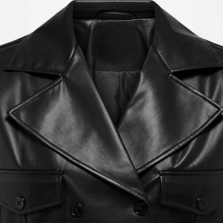 Women short cut double-breasted leather jacket with wide lapels Mune Fashion