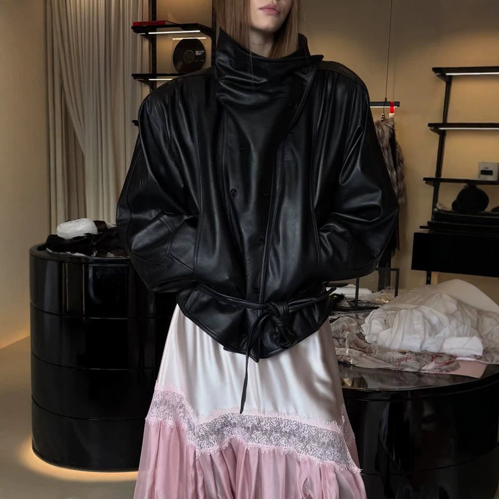 Ladies Oversize Faux Leather Bomber Jacket with High Standing Collar and Waist Belt Mune Fashion