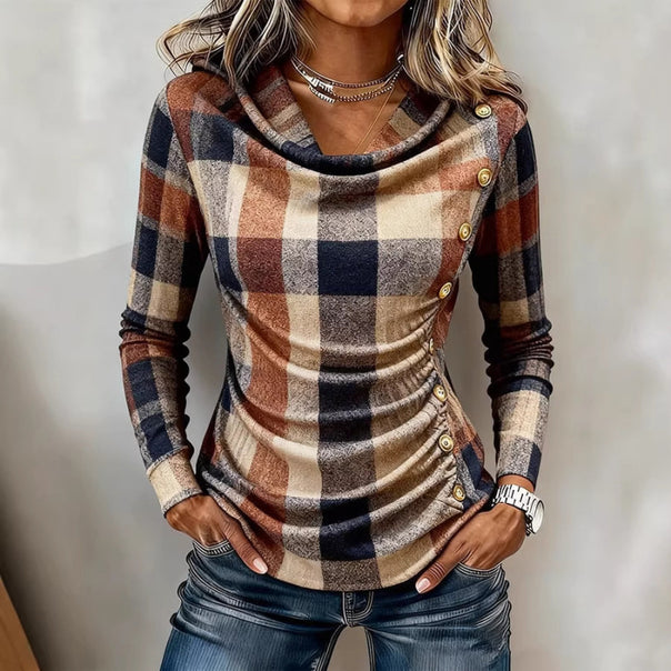 Women's Plaid Long Sleeve Fine Knit Top with Waterfall Collar and Decorative Button Placket Mune Fashion