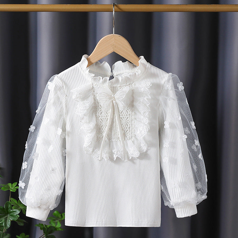 Girl ruffled blouse with floral appliqués and transparent sleeves Mune Fashion