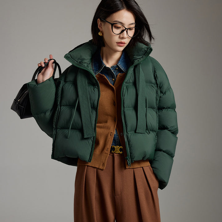 Women Short Cut Boxy Quilted Jacket with Voluminous Hood and Drawstring Mune Fashion