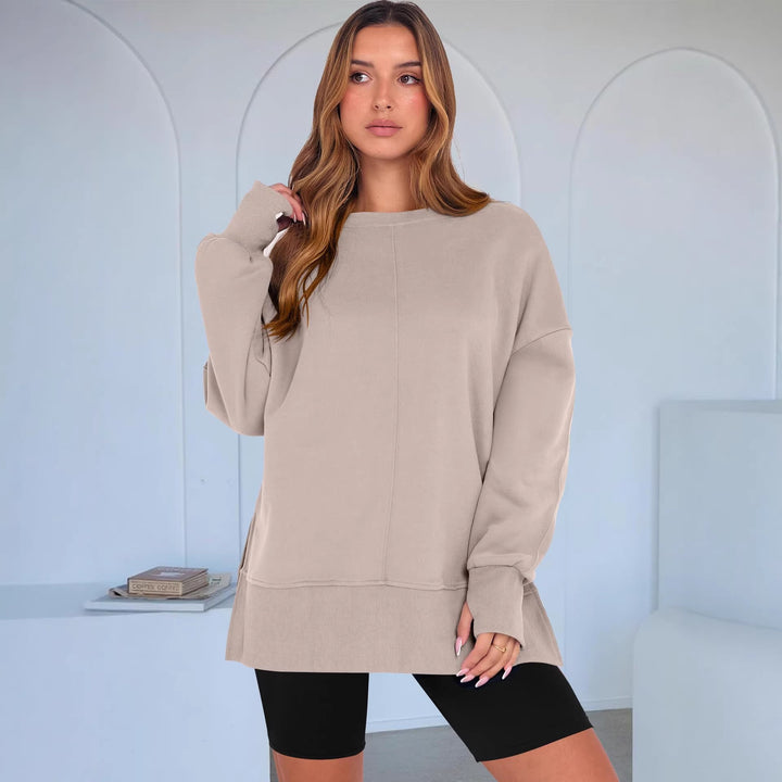 Women Oversize Sweatshirt with Center Seams, Round Neck and Drop Shoulder Mune Fashion