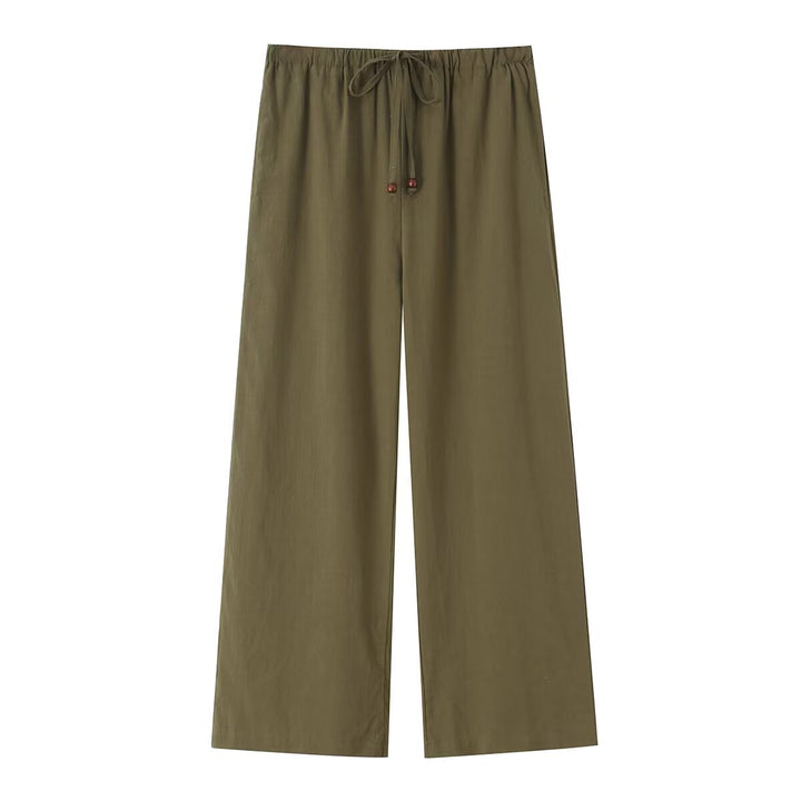 Women's Lightweight Loose Linen Look Pants with Elastic drawstring and Wooden beads Mune Fashion