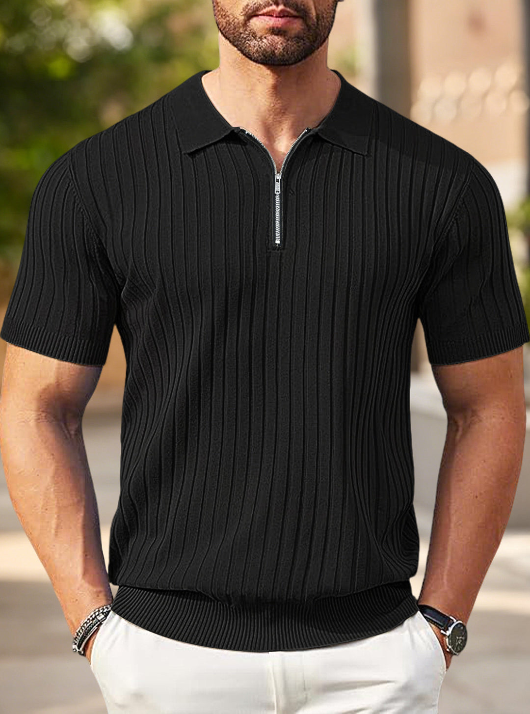 Men's elegant structured short sleeve knit polo with short metal zipper and shirt collar Mune Fashion