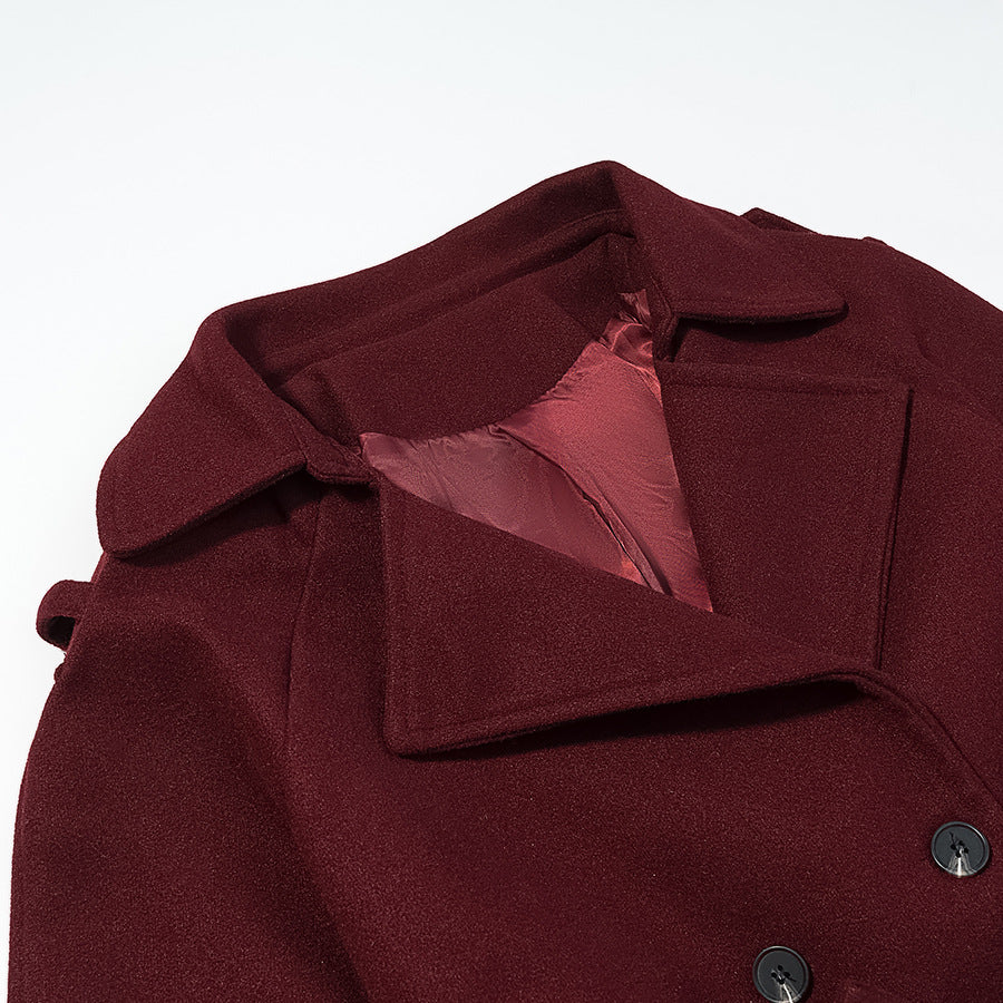 Women Maxilength Wool Blend Trench Coat with Shoulder Yoke, Tie Belt and Roll-Up Sleeves Mune Fashion