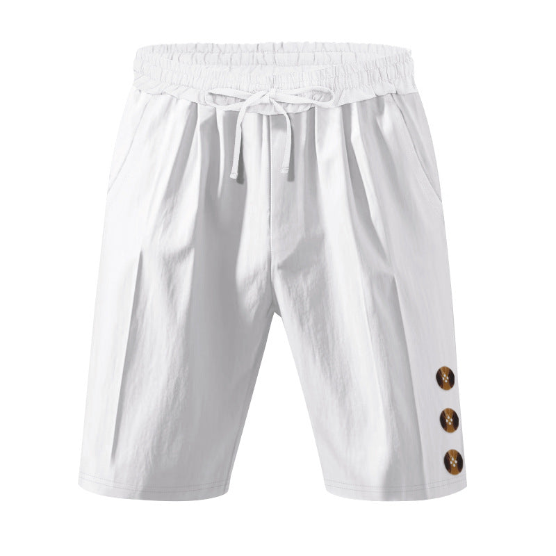 Men's knee-length casual Bermuda shorts with elastic tunnel drawstring waist, side slit pockets, and round decorative appliqués Mune Fashion