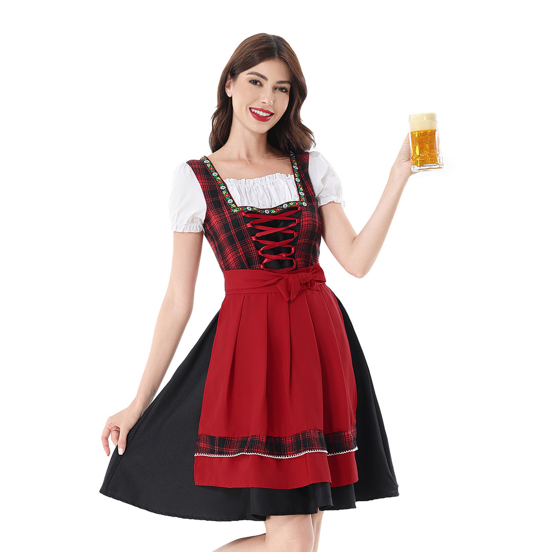 Ladies traditional Dirndl dress with checked bodice, lacing, puff sleeves, and apron Mune Fashion
