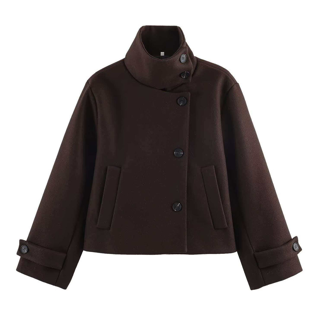Women's short wool coat with a high stand-up collar, asymmetrical button placket, and adjustable cuff straps Mune Fashion