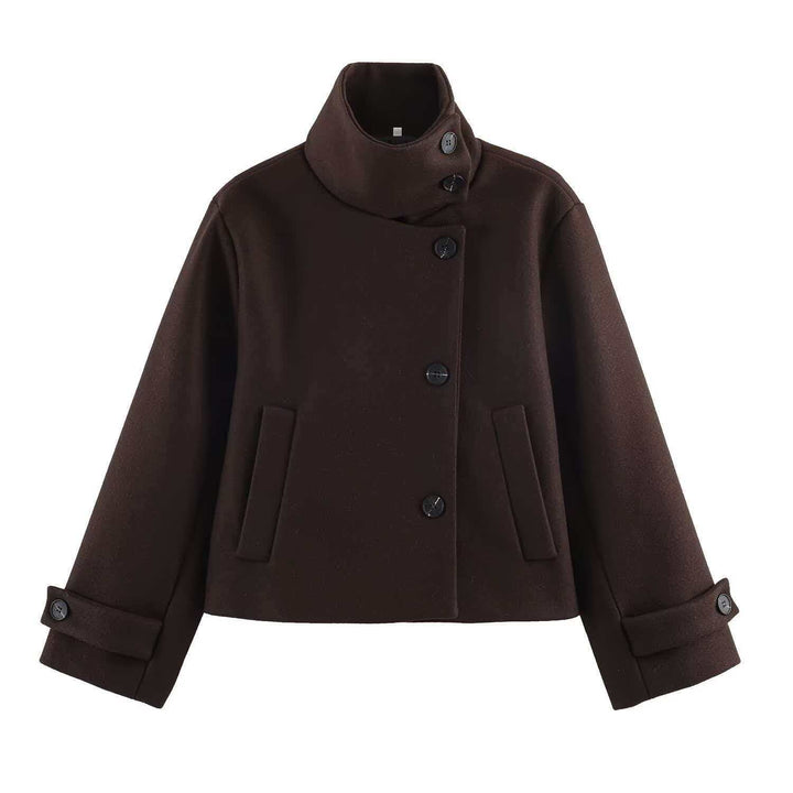 Women's short wool coat with a high stand-up collar, asymmetrical button placket, and adjustable cuff straps Mune Fashion